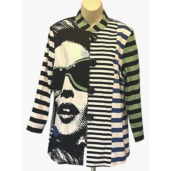 New BEREK Stripes Marilyn Monroe Stretch Cotton Button Jacket Blazer Top - Picture 1 of 9